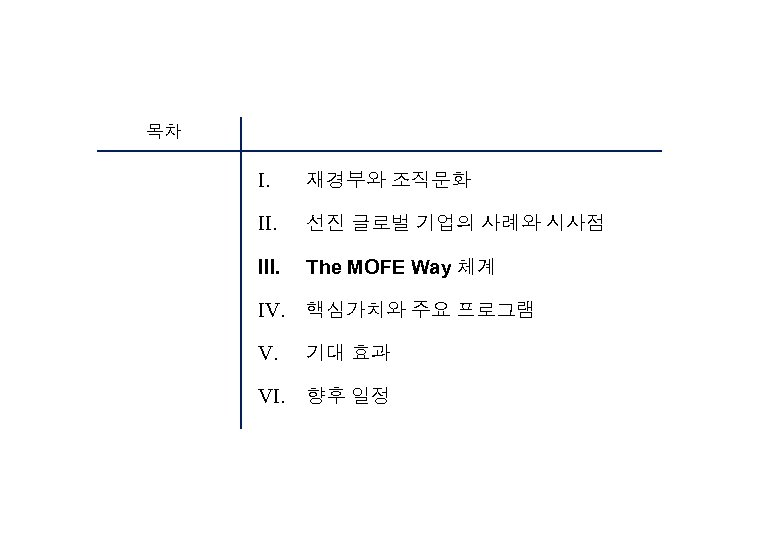 목차 목차 I. 재경부와 조직문화 II. 선진 글로벌 기업의 사례와 시사점 III. The MOFE