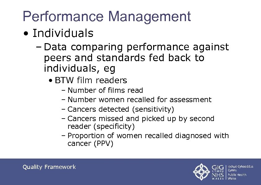 Performance Management • Individuals – Data comparing performance against peers and standards fed back