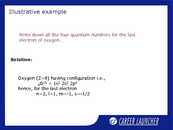 Illustrative example Write down all the four quantum numbers for the last electron of