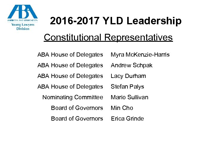 2016 -2017 YLD Leadership Constitutional Representatives ABA House of Delegates Myra Mc. Kenzie-Harris ABA