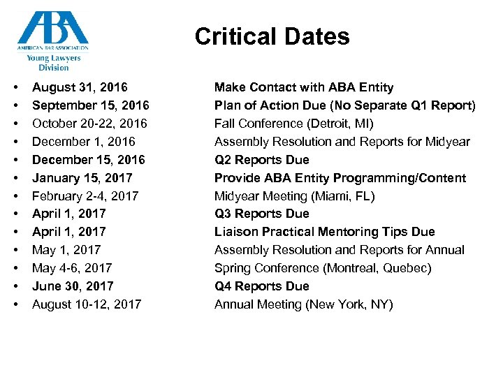 Critical Dates • • • • August 31, 2016 September 15, 2016 October 20