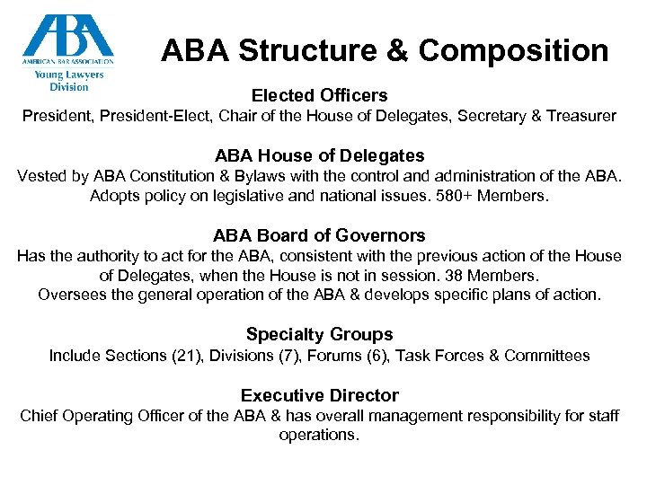 ABA Structure & Composition Elected Officers President, President-Elect, Chair of the House of Delegates,