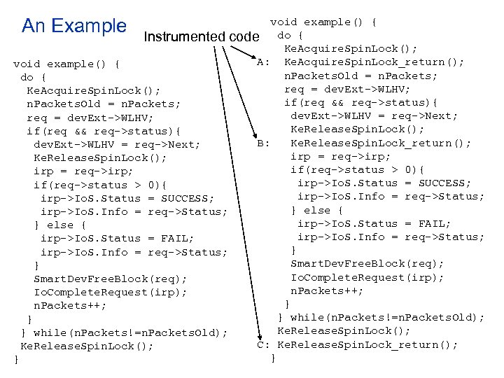 An Example void example() { Instrumented code do { Ke. Acquire. Spin. Lock(); A: