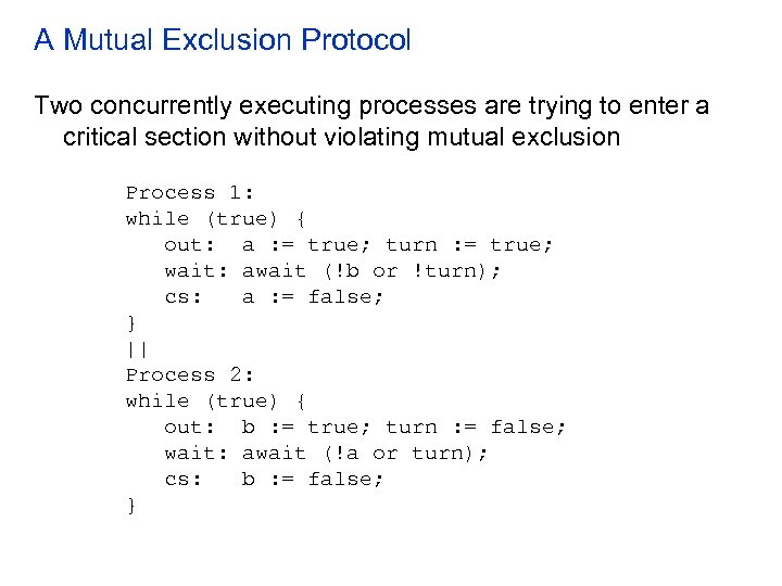 A Mutual Exclusion Protocol Two concurrently executing processes are trying to enter a critical