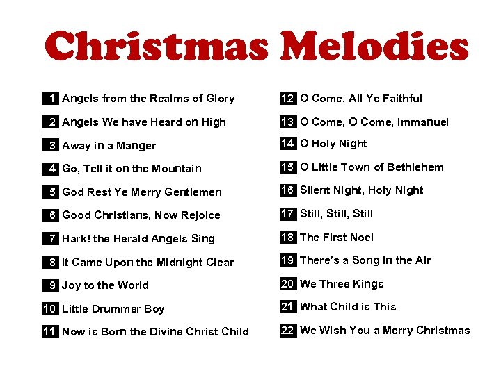 Christmas Melodies 1 Angels from the Realms of Glory 12 O Come, All Ye