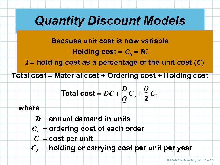 Quantity Discount Models Because unit cost is now variable n Quantity discounts are commonly