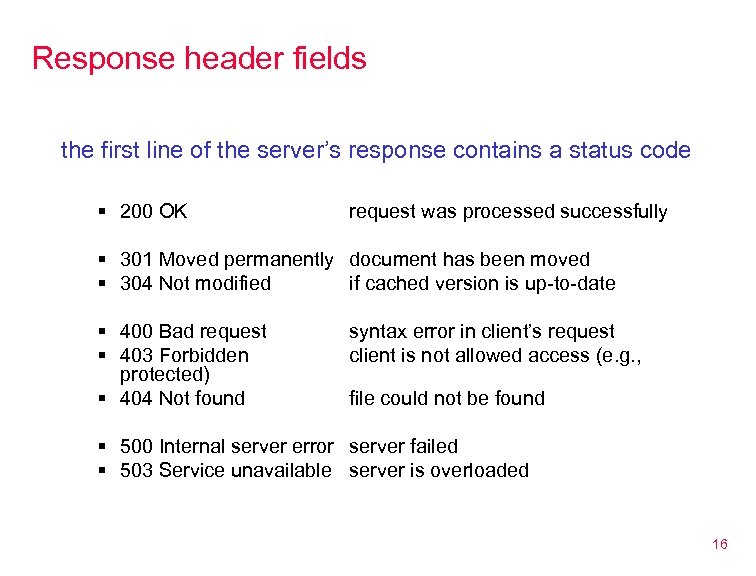 Response header fields the first line of the server’s response contains a status code