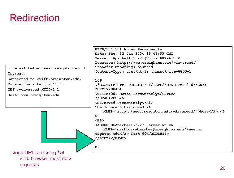 Redirection bluejay> telnet www. creighton. edu 80 Trying. . . Connected to swift. creighton.