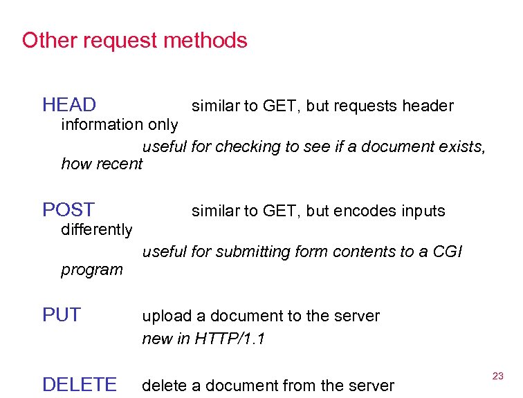 Other request methods HEAD similar to GET, but requests header POST similar to GET,