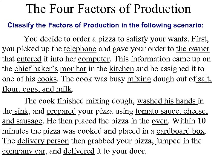 The Four Factors of Production Classify the Factors of Production in the following scenario: