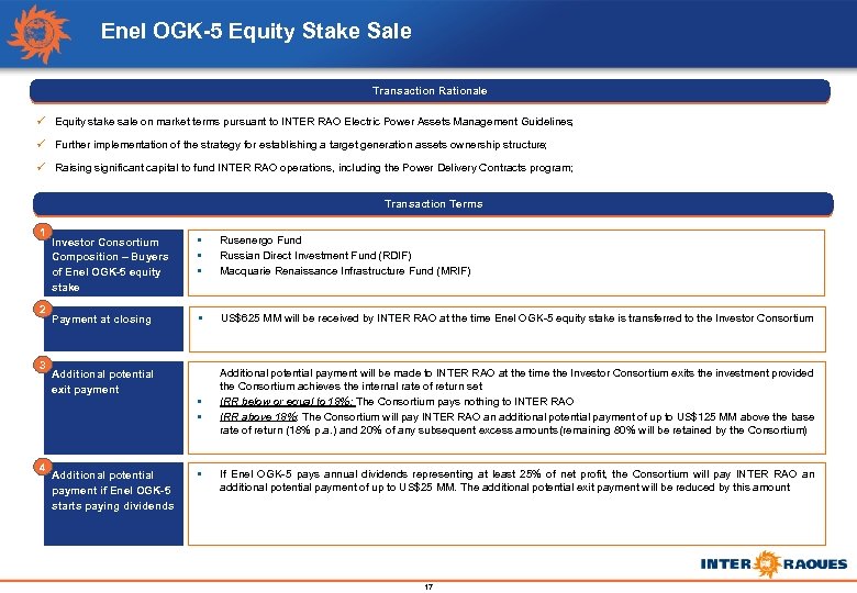 Enel OGK-5 Equity Stake Sale Transaction Rationale ü Equity stake sale on market terms