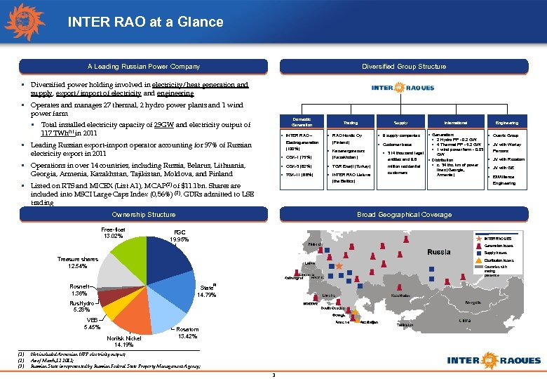 INTER RAO at a Glance A Leading Russian Power Company Diversified Group Structure §