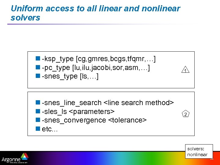 Uniform access to all linear and nonlinear solvers n -ksp_type [cg, gmres, bcgs, tfqmr,