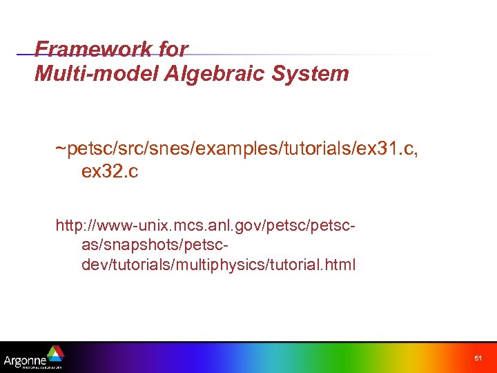 Framework for Multi-model Algebraic System ~petsc/src/snes/examples/tutorials/ex 31. c, ex 32. c http: //www-unix. mcs.