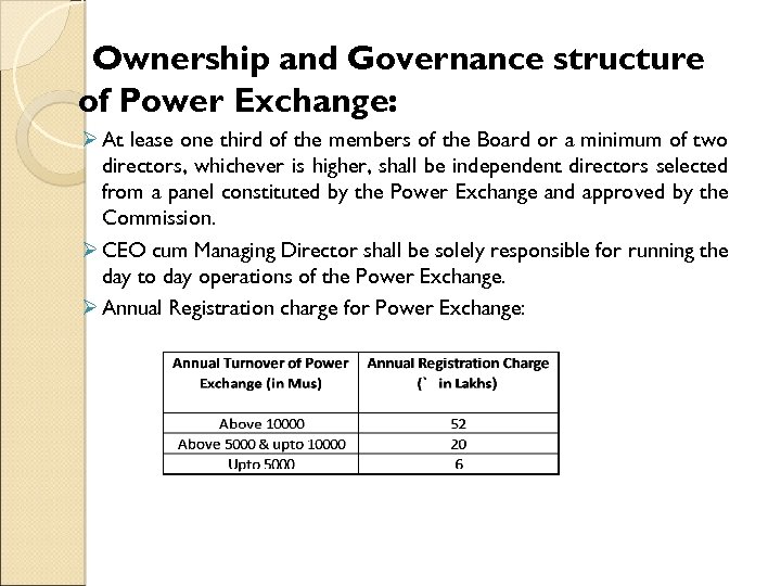 Ownership and Governance structure of Power Exchange: Ø At lease one third of the