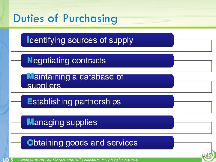 Duties of Purchasing Identifying sources of supply Negotiating contracts Maintaining a database of suppliers