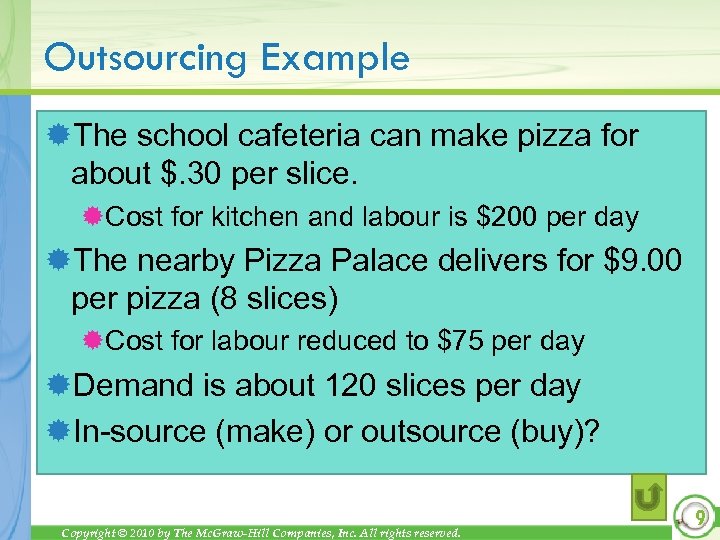 Outsourcing Example ®The school cafeteria can make pizza for about $. 30 per slice.