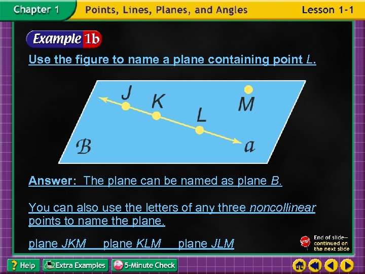 Use the figure to name a plane containing point L. Answer: The plane can