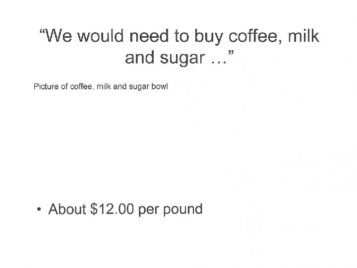 “We would need to buy coffee, milk and sugar …” Picture of coffee, milk