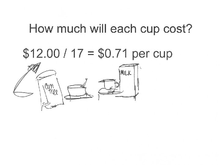 How much will each cup cost? $12. 00 / 17 = $0. 71 per