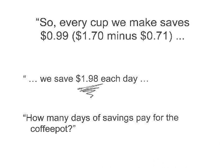 “So, every cup we make saves $0. 99 ($1. 70 minus $0. 71). .