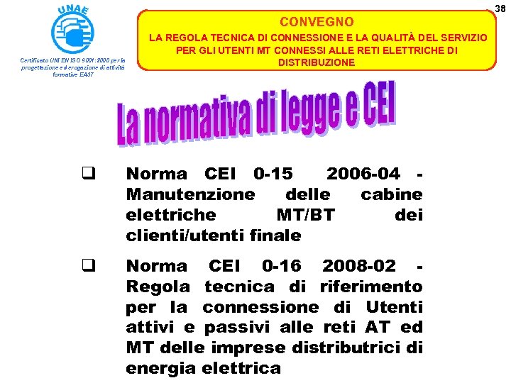 38 CONVEGNO Certificato UNI EN ISO 9001: 2000 per la progettazione ed erogazione di