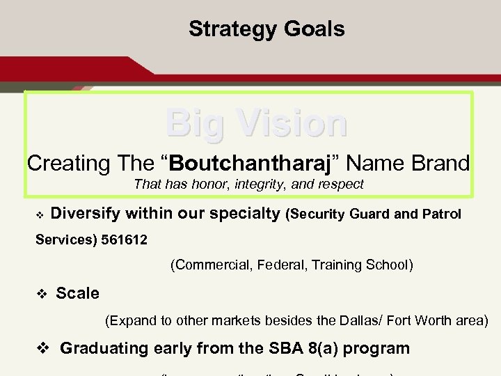 Strategy Goals Big Vision Creating The “Boutchantharaj” Name Brand That has honor, integrity, and