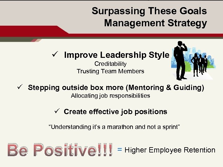 Surpassing These Goals Management Strategy ü Improve Leadership Style Creditability Trusting Team Members ü