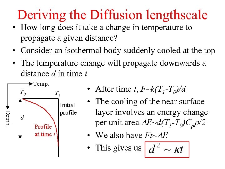 Deriving the Diffusion lengthscale • How long does it take a change in temperature