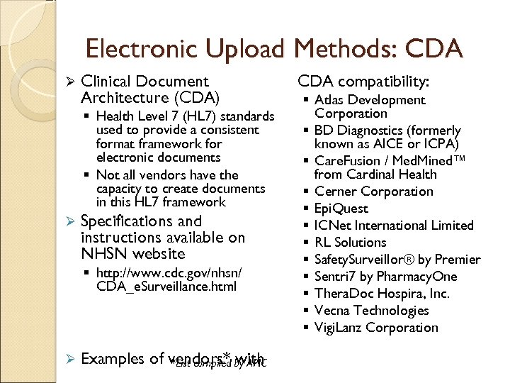 Electronic Upload Methods: CDA Ø Clinical Document Architecture (CDA) § Health Level 7 (HL