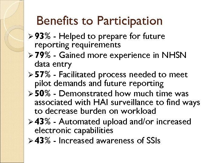 Benefits to Participation Ø 93% - Helped to prepare for future reporting requirements Ø