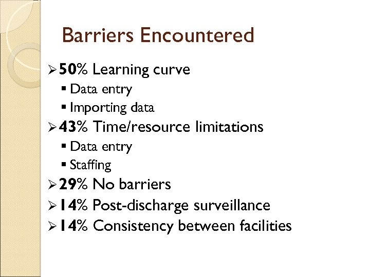 Barriers Encountered Ø 50% Learning curve § Data entry § Importing data Ø 43%