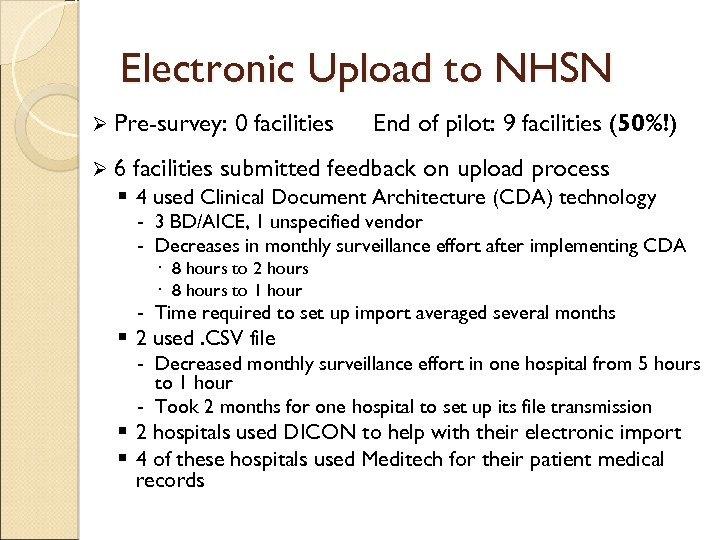 Electronic Upload to NHSN Ø Pre-survey: Ø 6 0 facilities End of pilot: 9