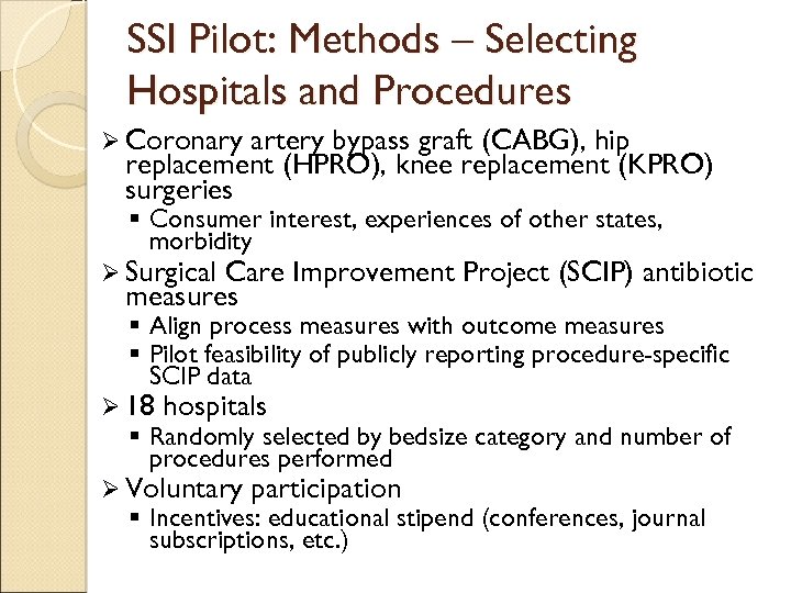 SSI Pilot: Methods – Selecting Hospitals and Procedures Ø Coronary artery bypass graft (CABG),