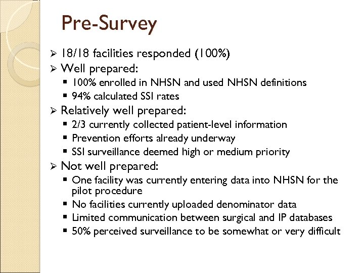 Pre-Survey Ø 18/18 facilities responded Ø Well prepared: (100%) § 100% enrolled in NHSN