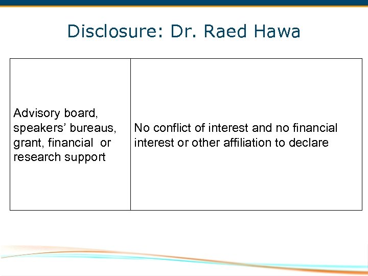 Disclosure: Dr. Raed Hawa Advisory board, speakers’ bureaus, grant, financial or research support No