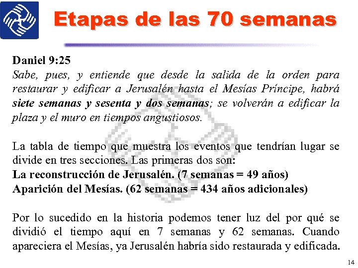 Etapas de las 70 semanas Daniel 9: 25 Sabe, pues, y entiende que desde