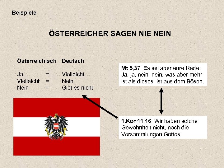 Beispiele ÖSTERREICHER SAGEN NIE NEIN Österreichisch Ja Vielleicht Nein = = = Deutsch Vielleicht