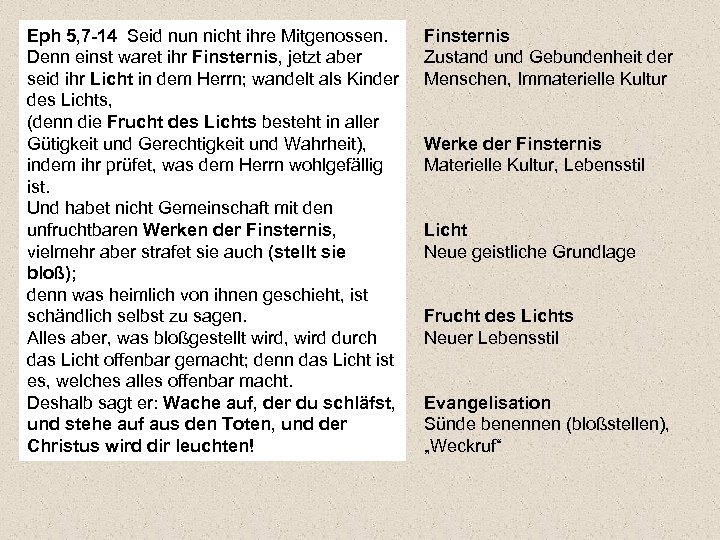 Eph 5, 7 -14 Seid nun nicht ihre Mitgenossen. Denn einst waret ihr Finsternis,