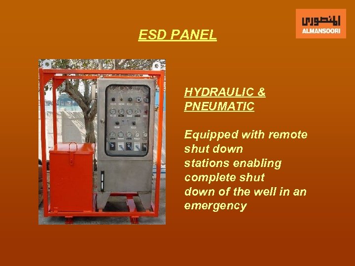 ESD PANEL HYDRAULIC & PNEUMATIC Equipped with remote shut down stations enabling complete shut