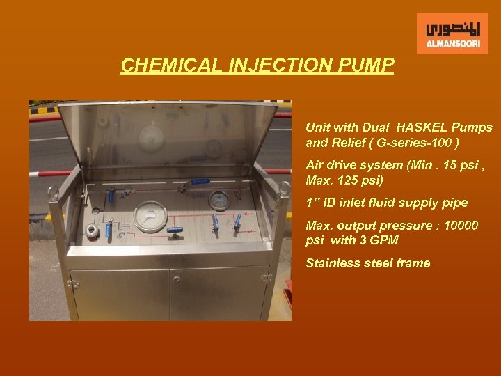 CHEMICAL INJECTION PUMP Unit with Dual HASKEL Pumps and Relief ( G-series-100 ) Air