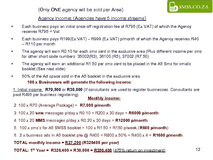(Only ONE agency will be sold per Area) Agency income: (Agencies have 5 income