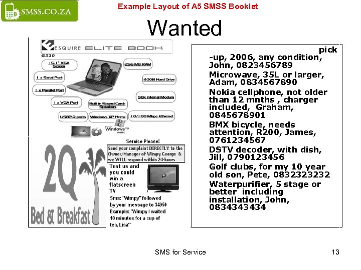 Example Layout of A 5 SMSS Booklet Wanted • • SMS for Service Canopy