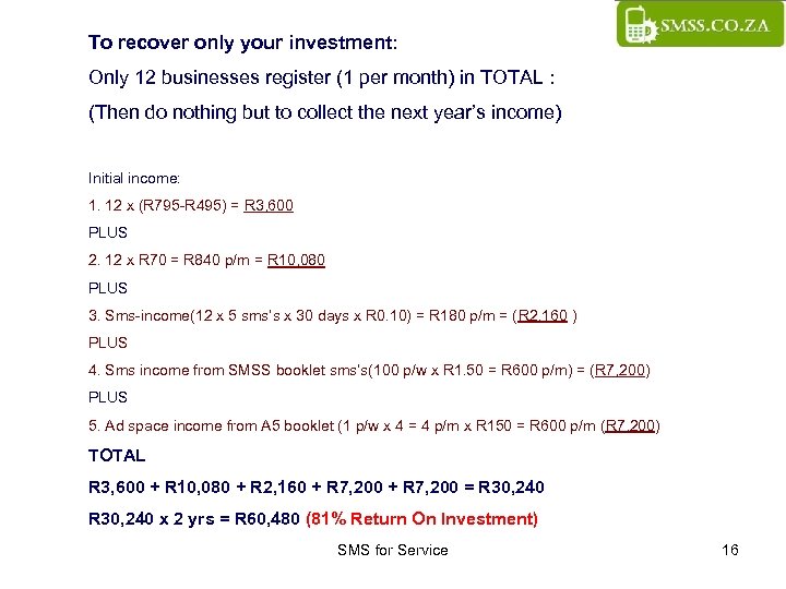 To recover only your investment: Only 12 businesses register (1 per month) in TOTAL