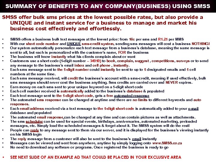 SUMMARY OF BENEFITS TO ANY COMPANY(BUSINESS) USING SMSS offer bulk sms prices at the