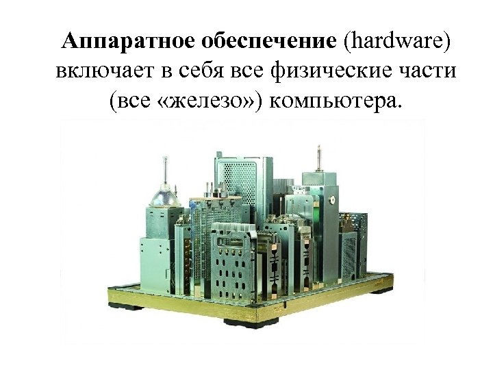 Аппаратное обеспечение (hardware) включает в себя все физические части (все «железо» ) компьютера. 