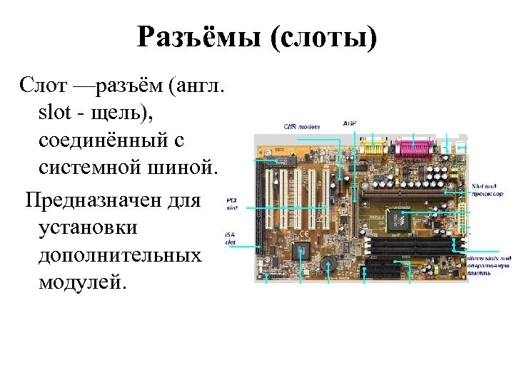 Разъёмы (слоты) Слот —разъём (англ. slot - щель), соединённый с системной шиной. Предназначен для