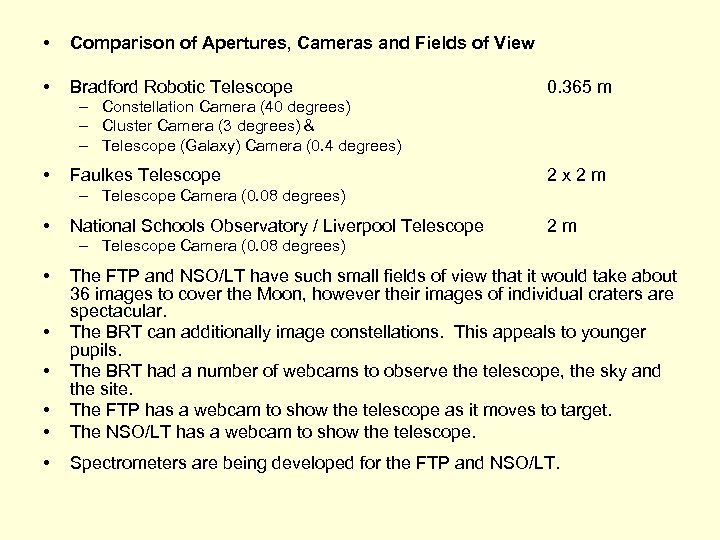  • Comparison of Apertures, Cameras and Fields of View • Bradford Robotic Telescope