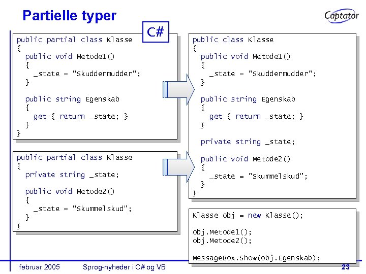 Partielle typer public partial class Klasse { public void Metode 1() { _state =