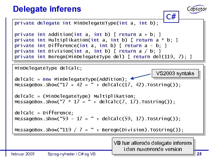 Delegate inferens private delegate int Min. Delegate. Type(int a, int b); private private int